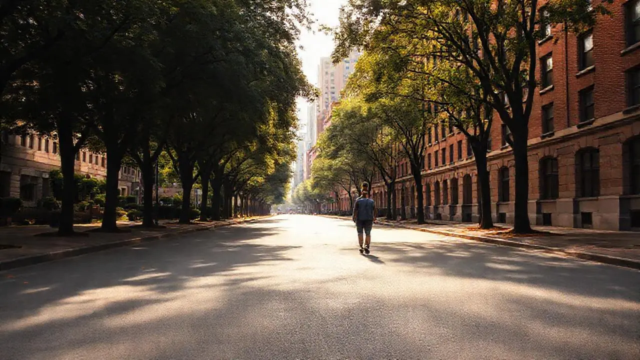 Calle urbana tranquila, figura caminando al sol