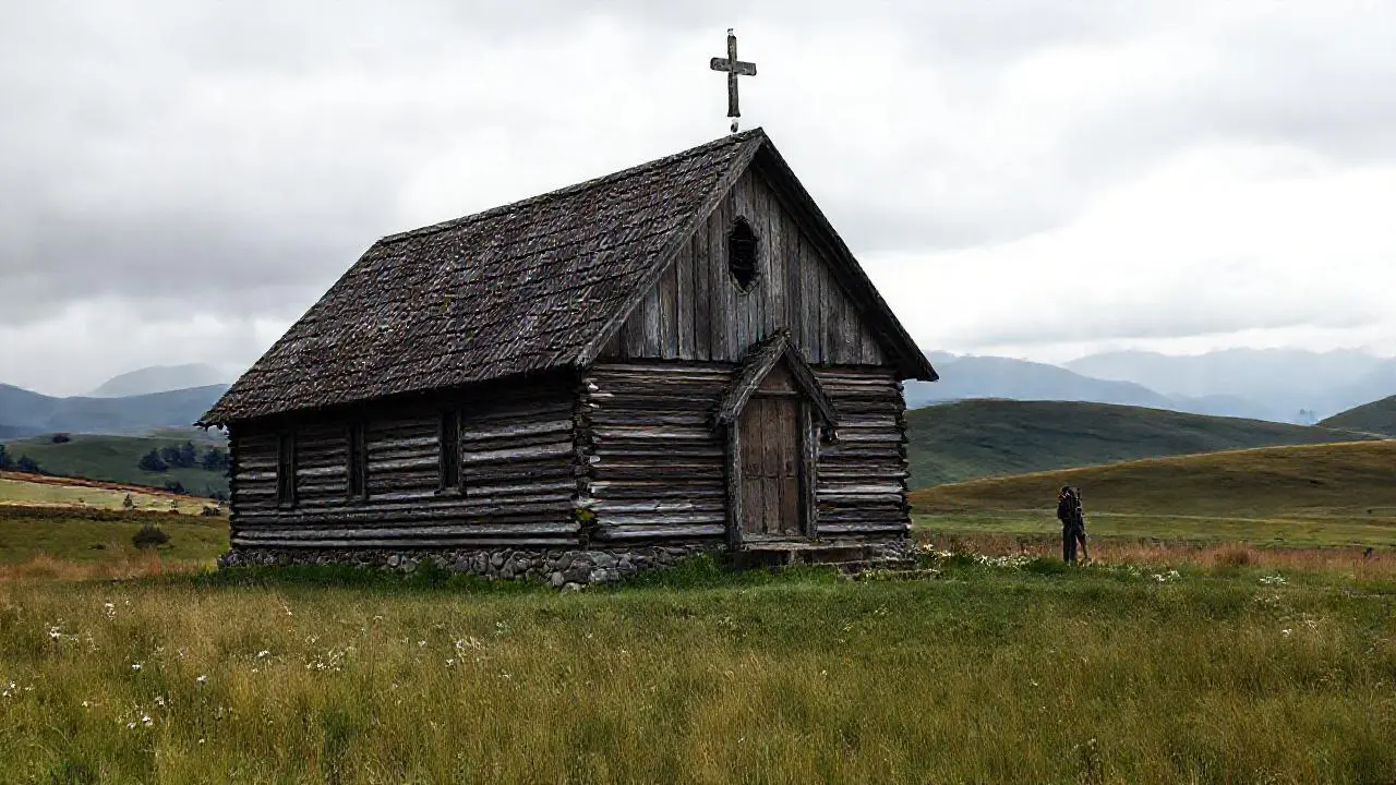 Iglesia rústica en un valle sereno