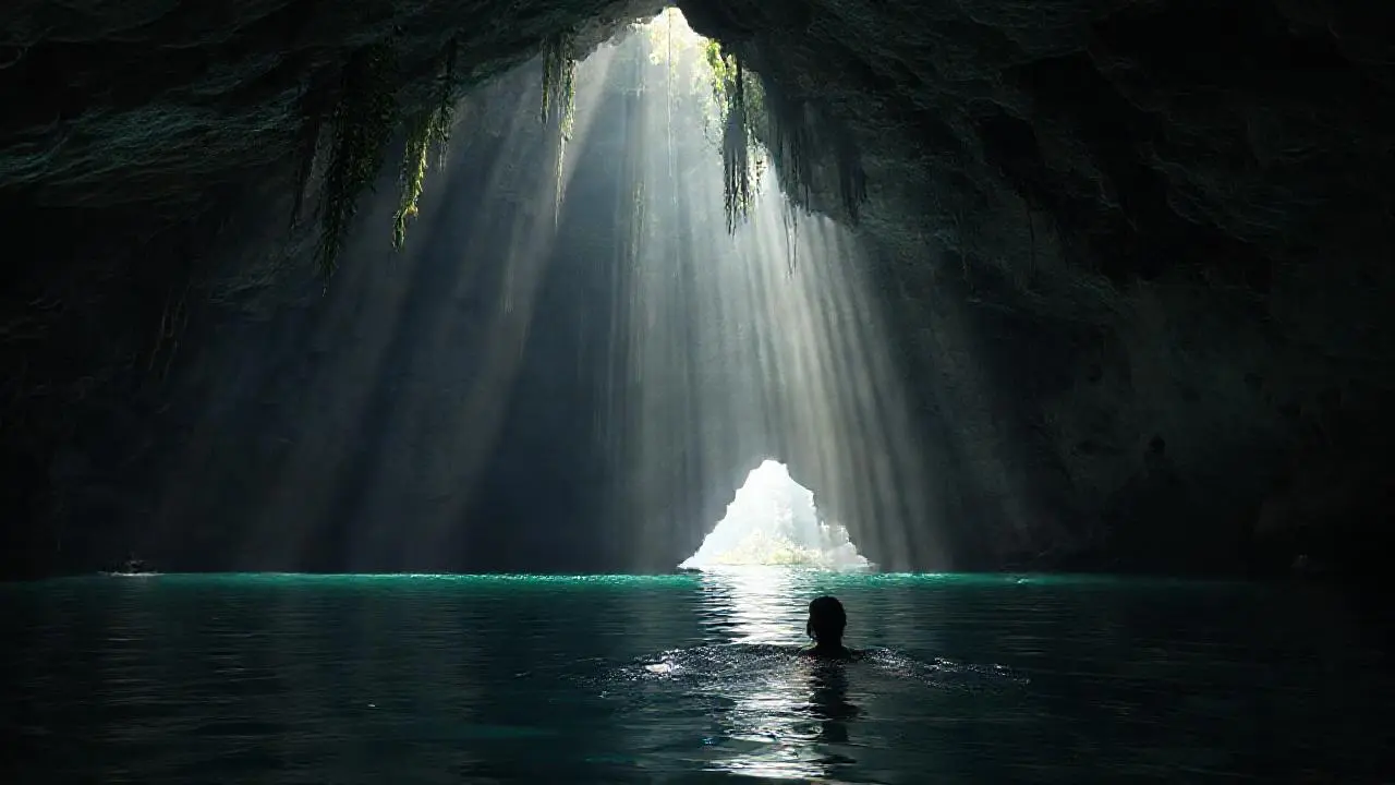 Cueva iluminada, nadador en sombras y agua