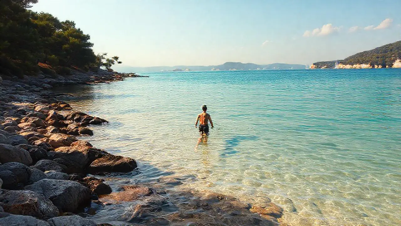 Tranquila playa mediterránea, luz cálida y distante