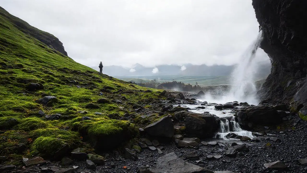 Paisaje montañoso brumoso y sereno