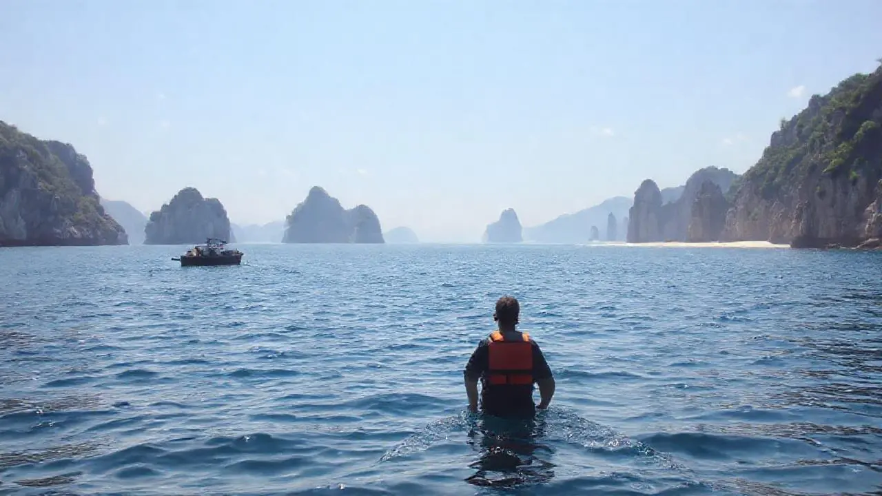 Mar sereno, isla lejana, escena tranquila