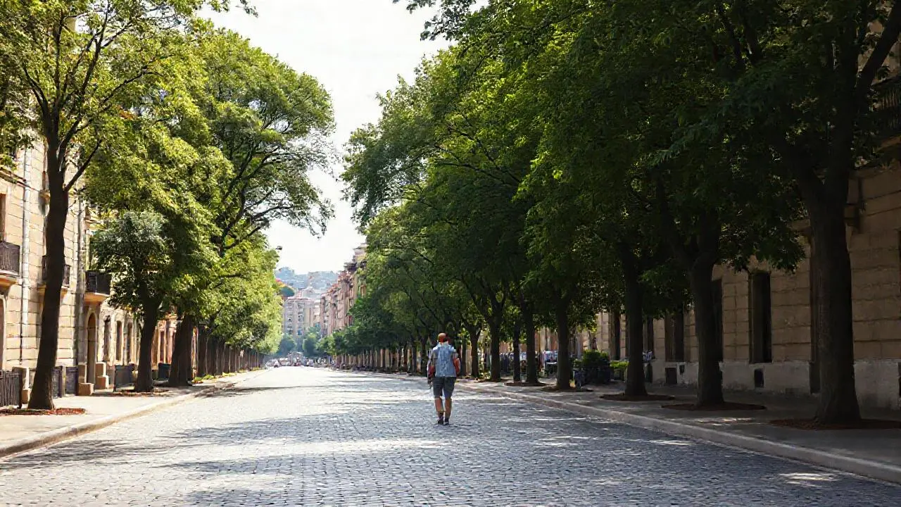 Calle urbana tranquila, luz suave y distante