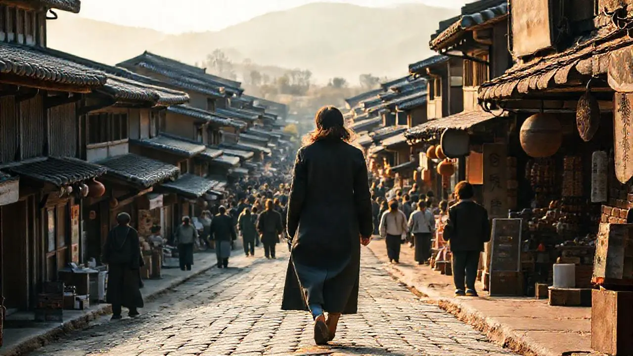 Mercado coreano tradicional, ambiente cálido y brumoso
