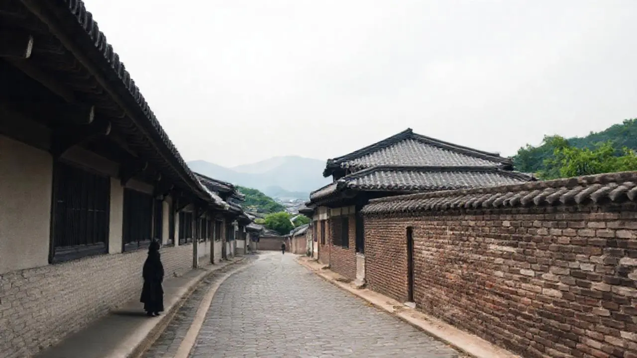 Arquitectura coreana antigua, serena y atmosférica