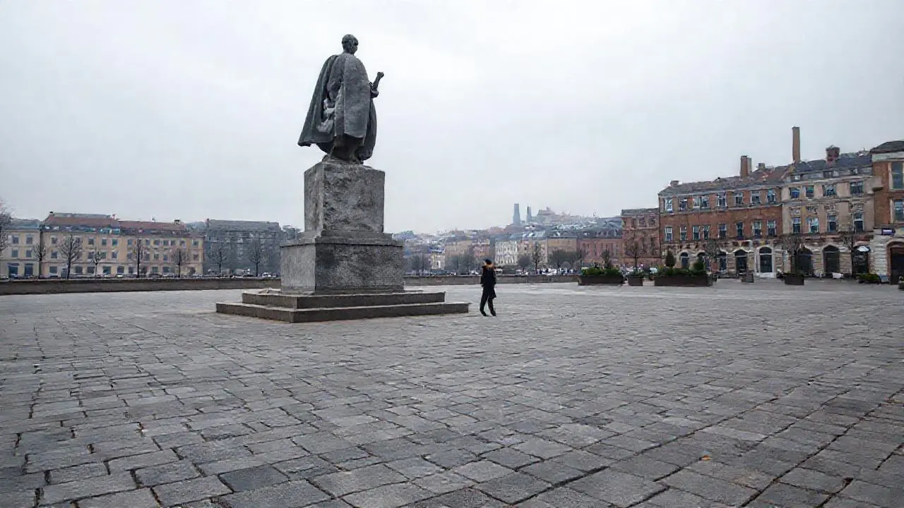 Monumento imponente en una plaza urbana silenciosa