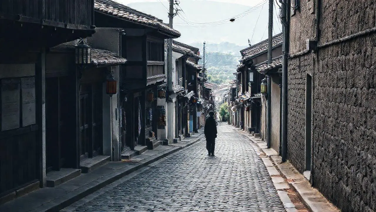 Calle antigua, tranquila y ligeramente brumosa