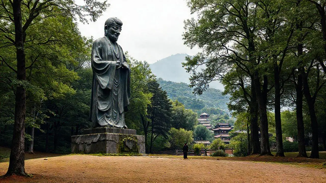 Figura solitaria en paisaje tranquilo y brumoso