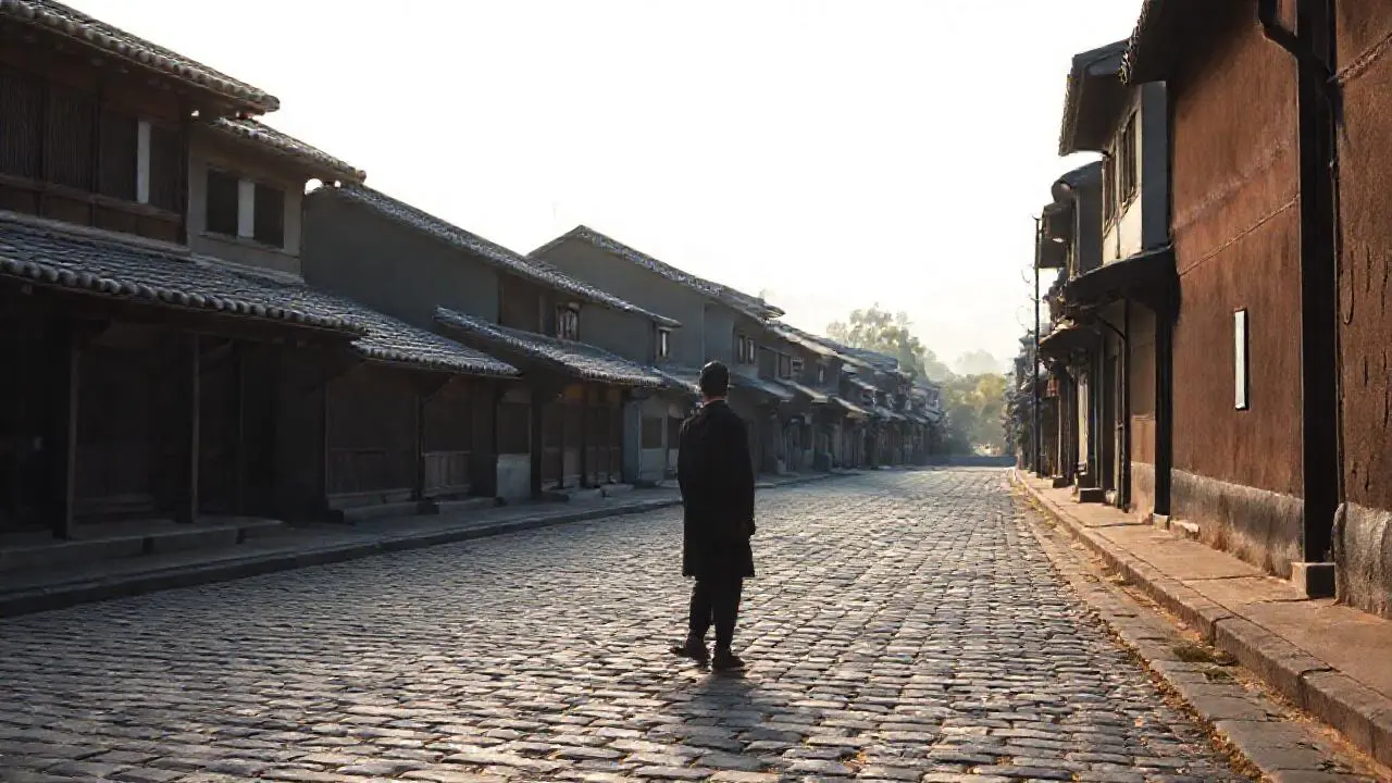 Tranquila calle japonesa, serena y nostálgica
