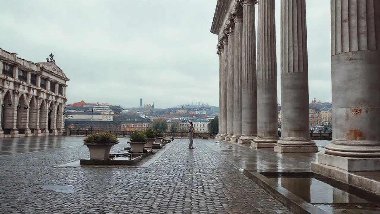 Escena urbana tranquila, atmósfera suave y húmeda