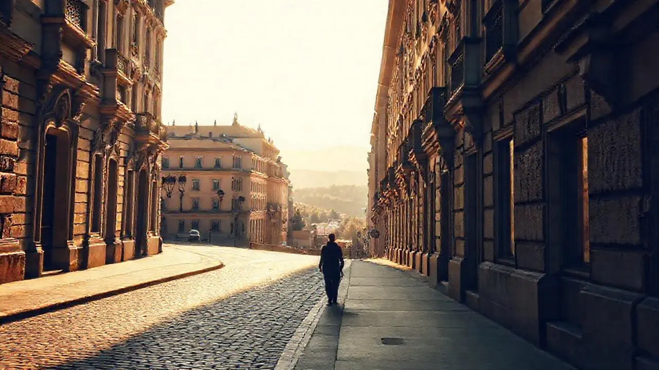 Una ciudad antigua baña la luz tenue