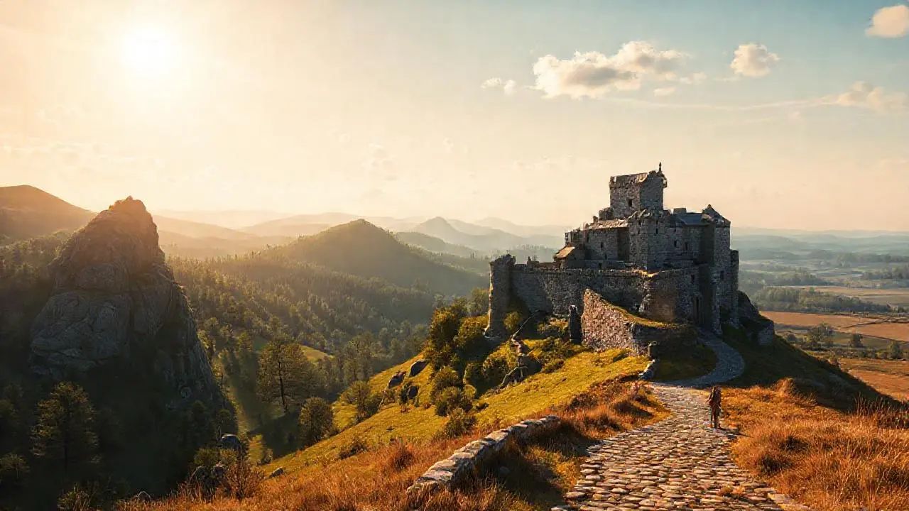 Paisaje sereno con castillo antiguo y luz dorada