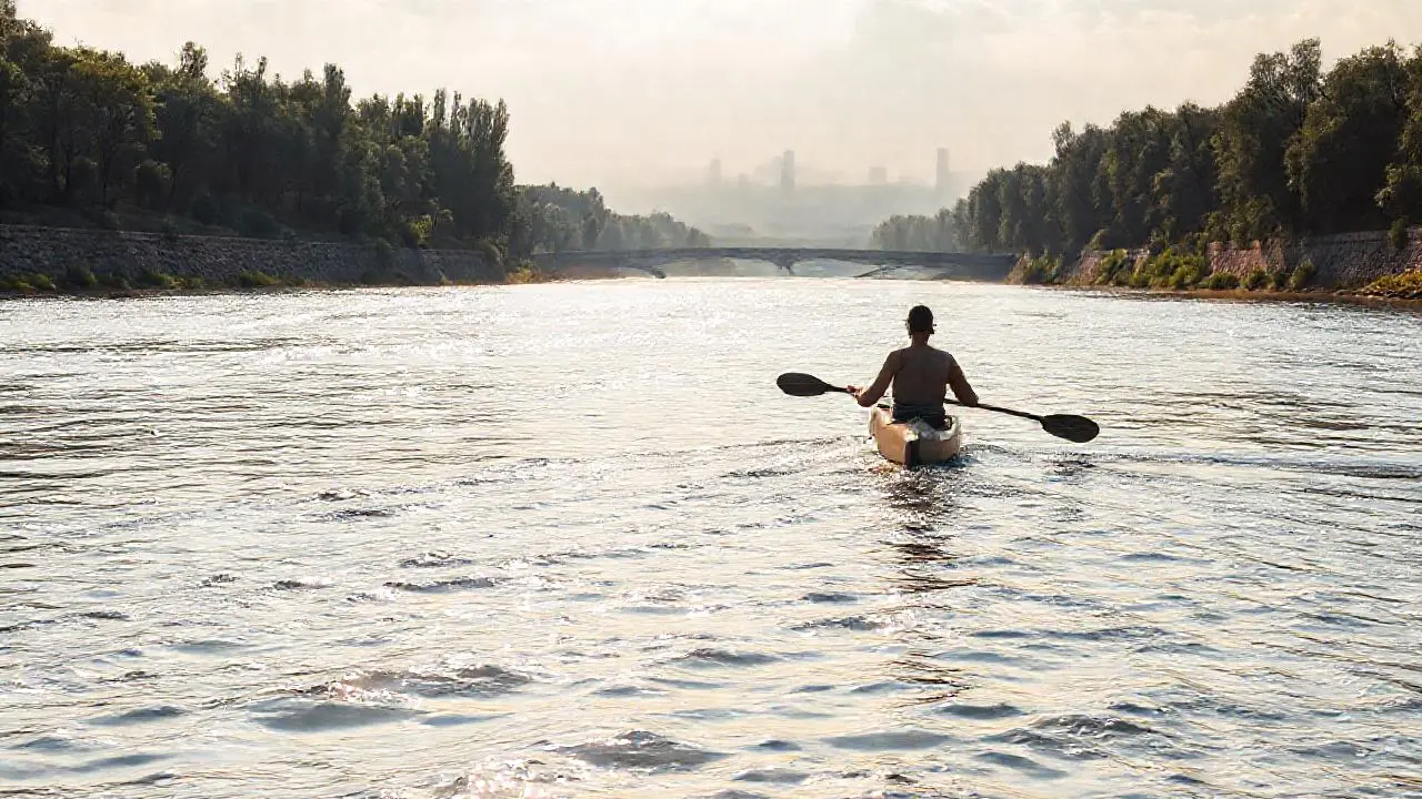 Un kayakista en un río sereno