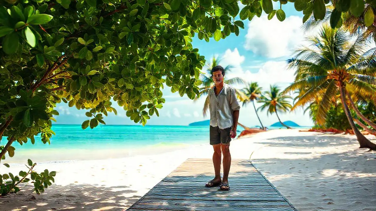 Playa tropical, relajación y luz suave