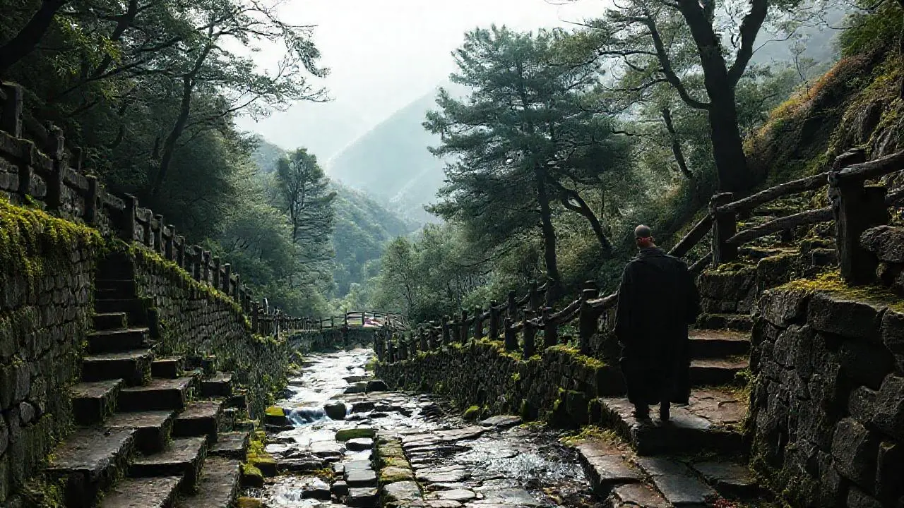 Caminante solitario en paisaje antiguo y sereno