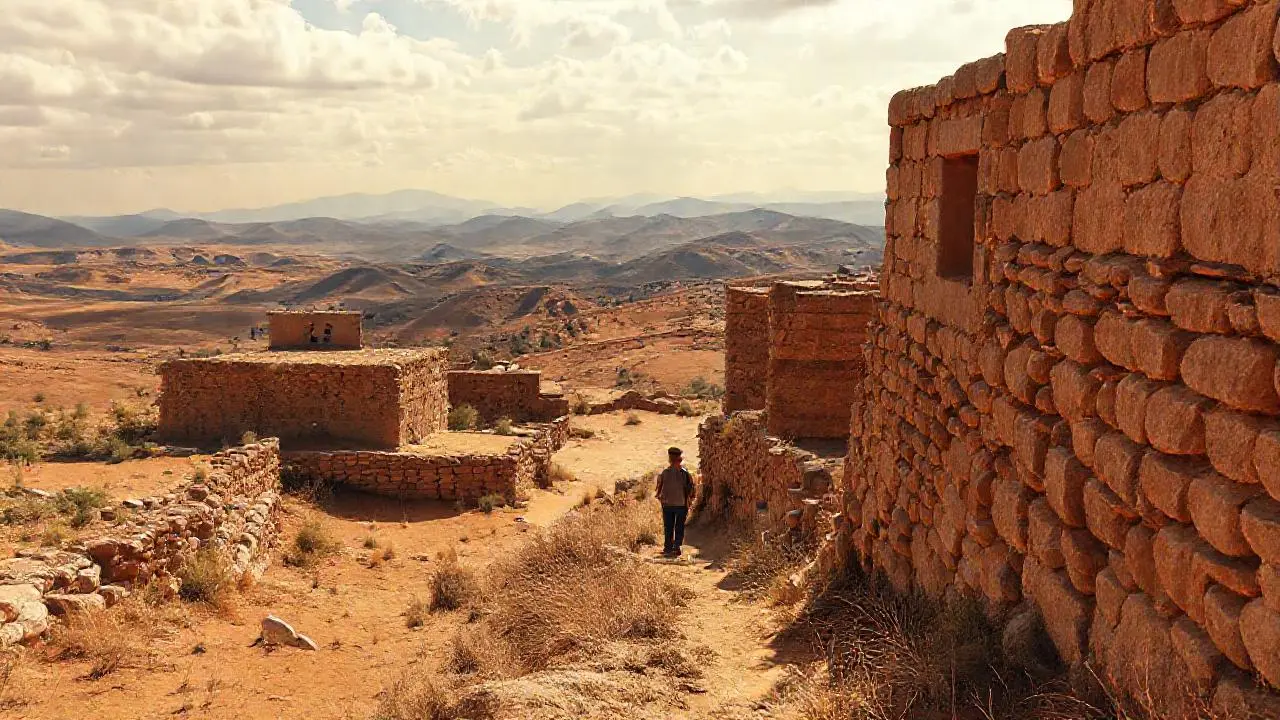 Paisaje árido y antiguo bajo luz tenue