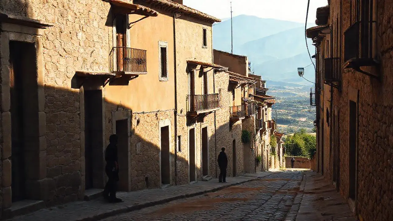 Pueblo español tranquilo, luz cálida y difusa