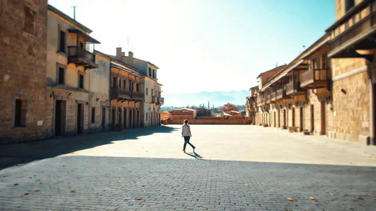 Plaza tranquila, luz cálida y distante