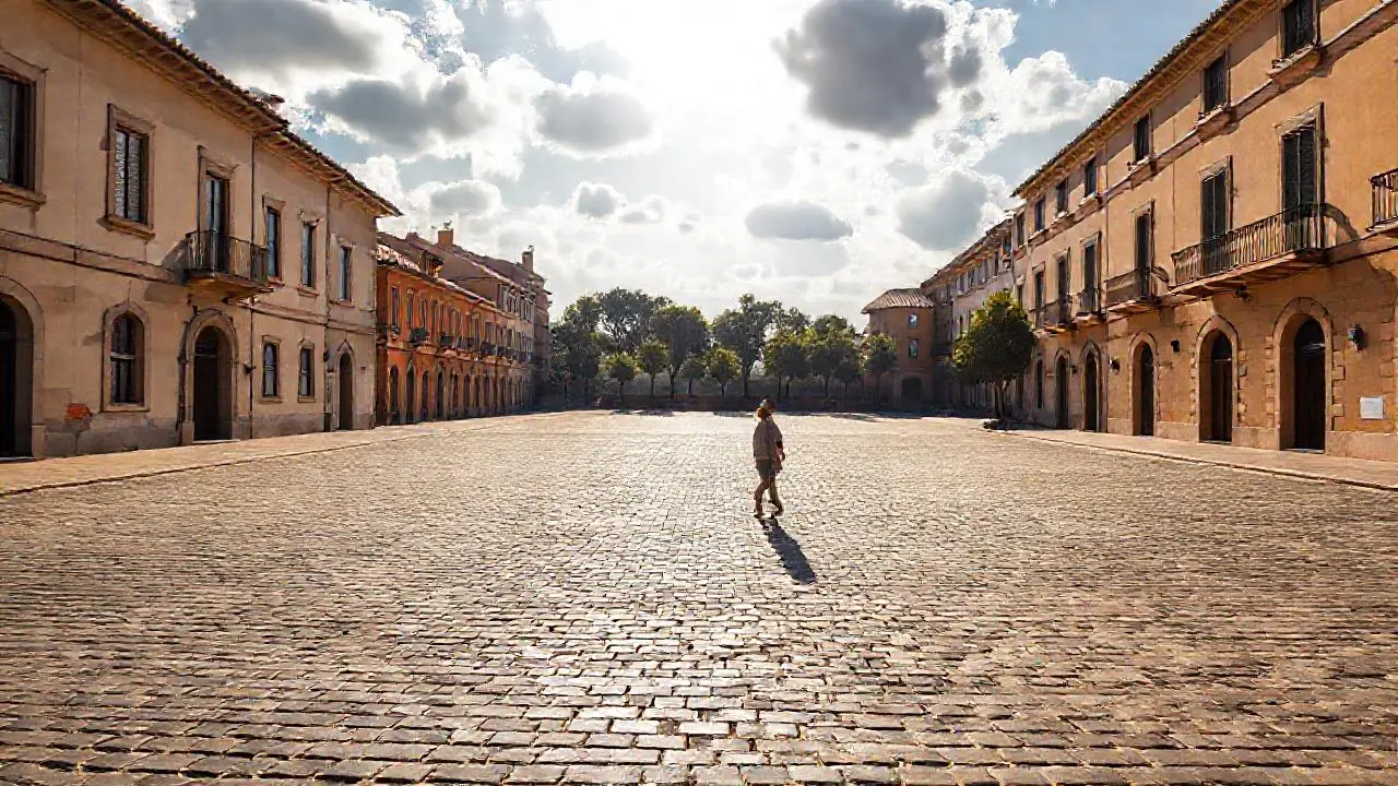 Plaza tranquila bajo luz suave y cálida