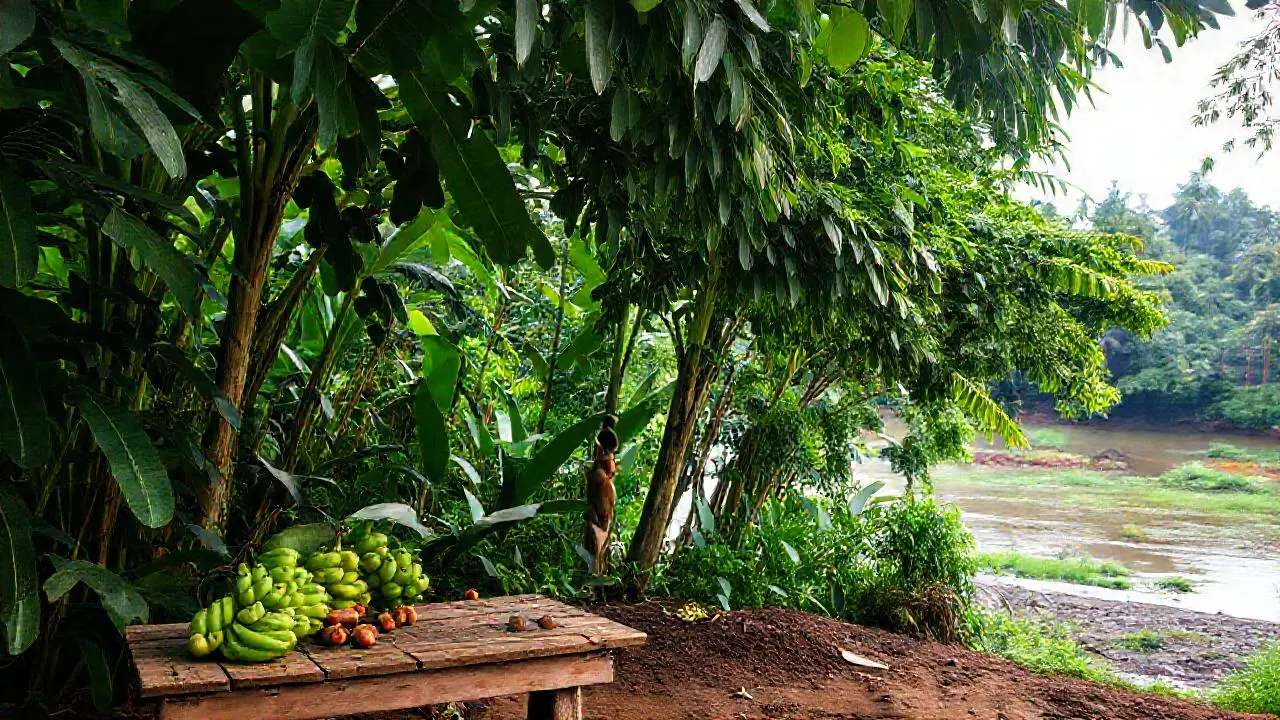 Selva tropical exuberante, luz suave, ambiente húmedo