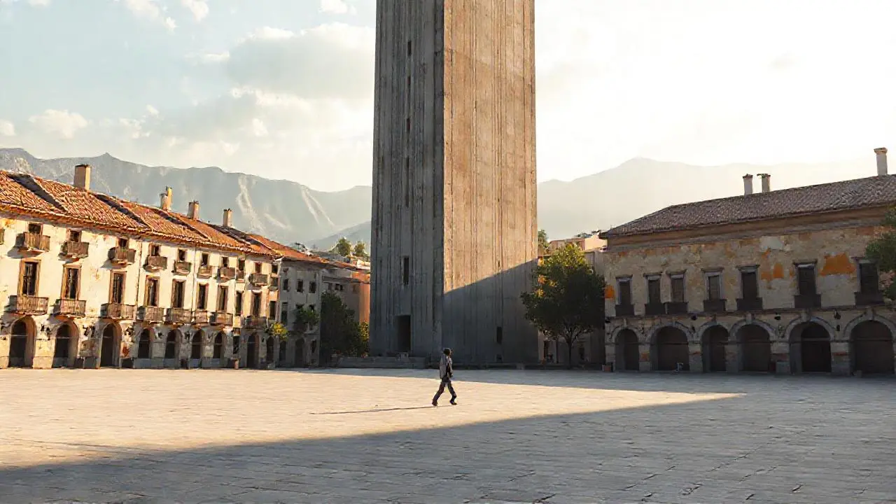 Plaza urbana, cálida luz, y torre imponente