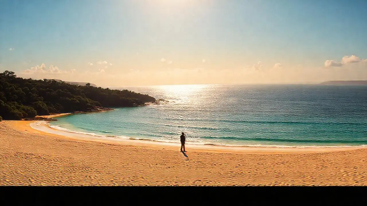Playa tranquila, luz cálida y espacio vasto
