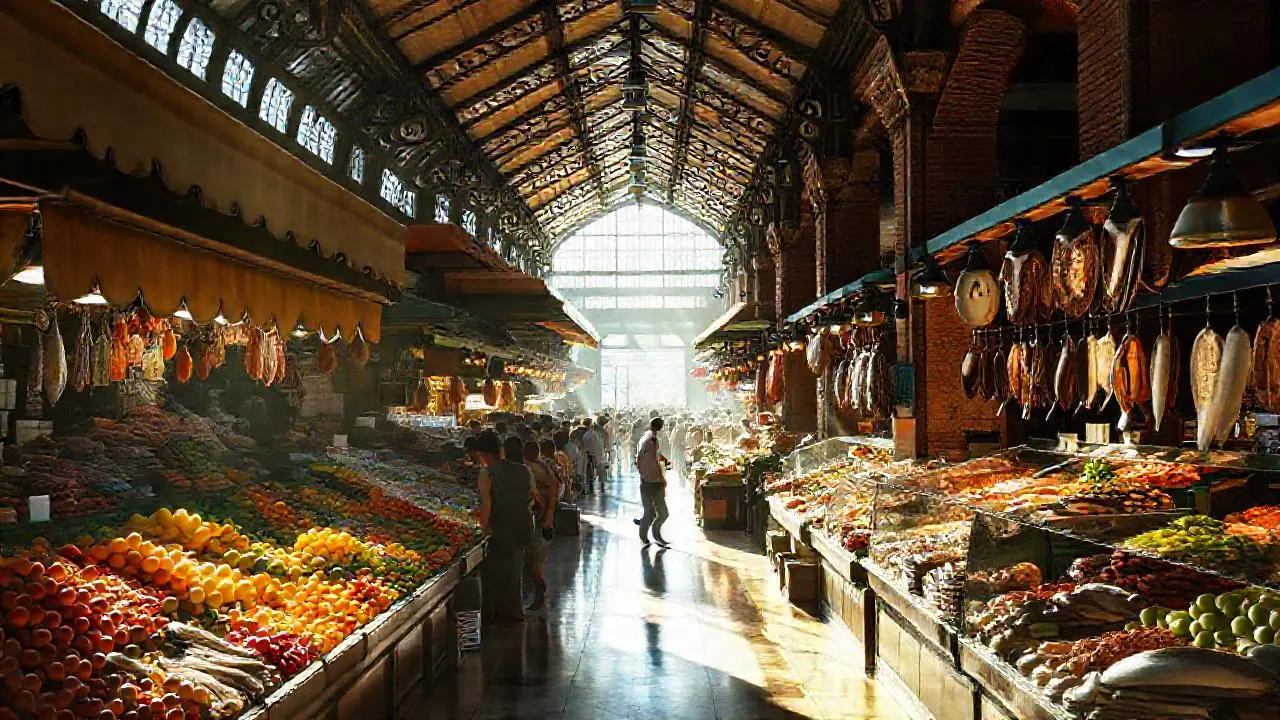 Mercado bullicioso, luz natural y detalles ricos