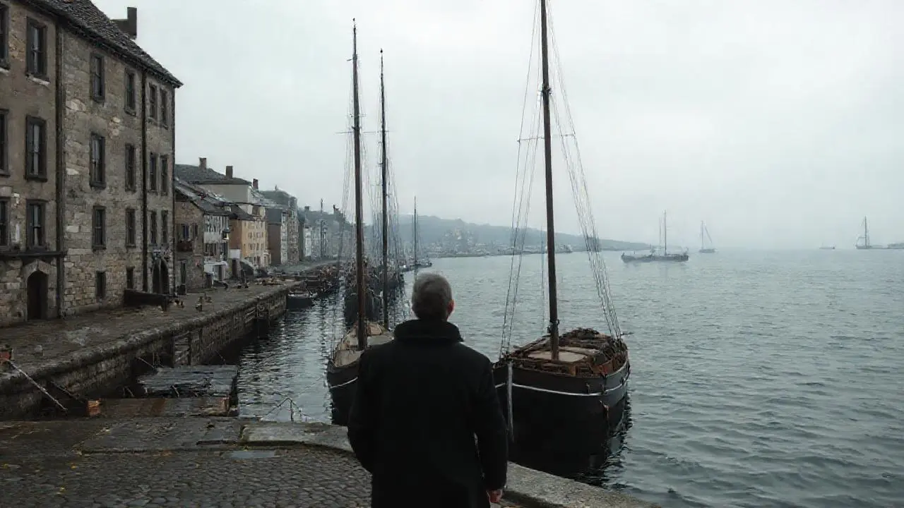 Escena marítima melancólica, bruma y quietud