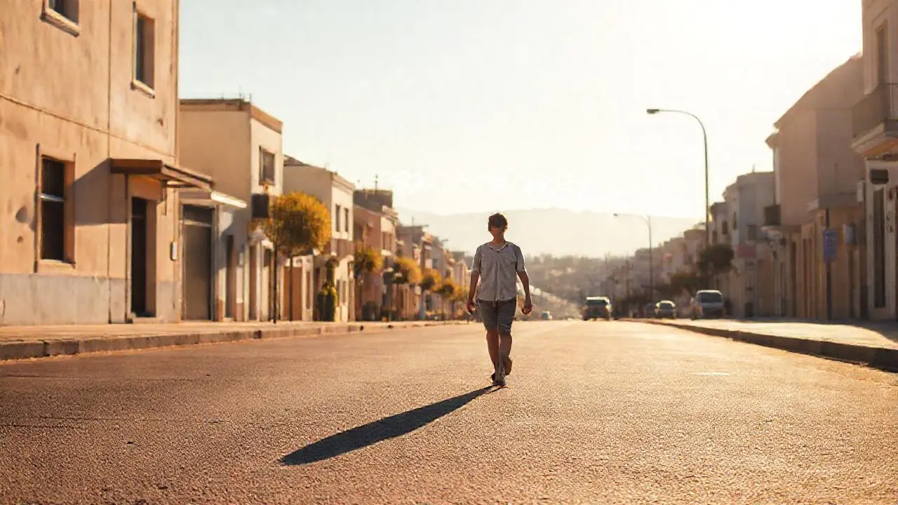 Calle urbana tranquila, luz cálida y natural