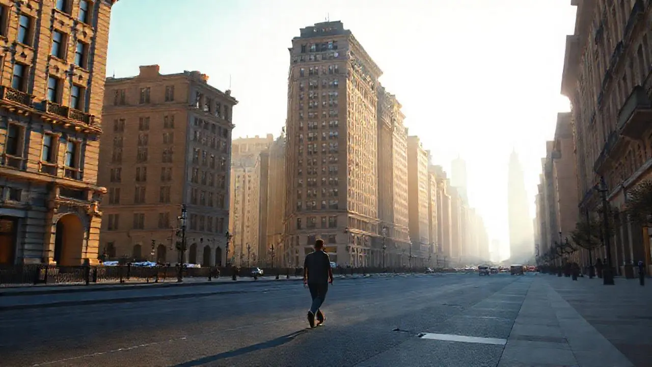 Calle urbana amplia, luminosa y distante