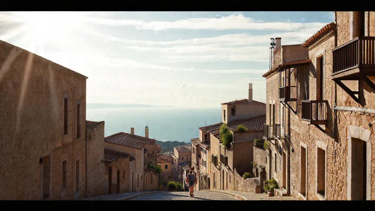 Pueblo costero tranquilo, luz suave y natural