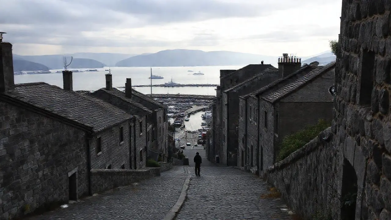 Pueblo gris, tranquilo y ligeramente brumoso