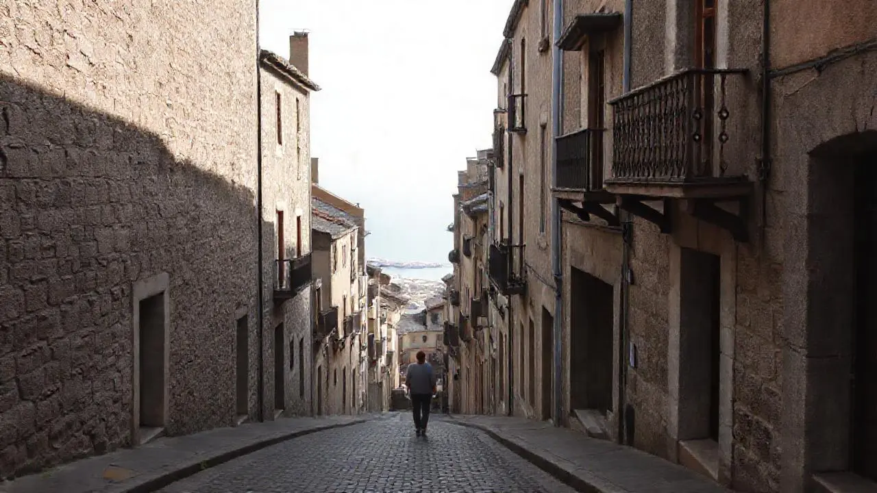 Pueblo vasco antiguo bajo cielo nublado