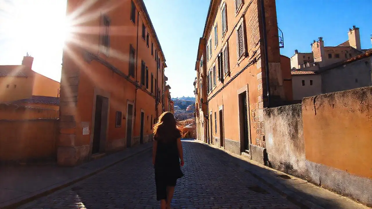 Calle tranquila, luz cálida y nostálgica