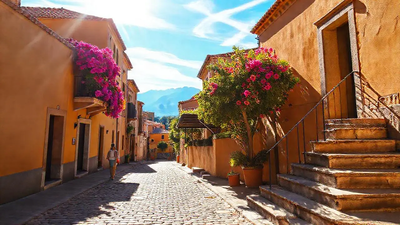 Pueblo mediterráneo tranquilo bajo la luz