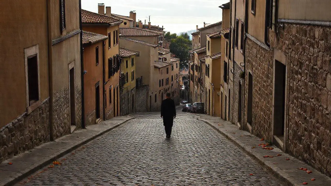 Calle antigua, tranquila y ligeramente borrosa