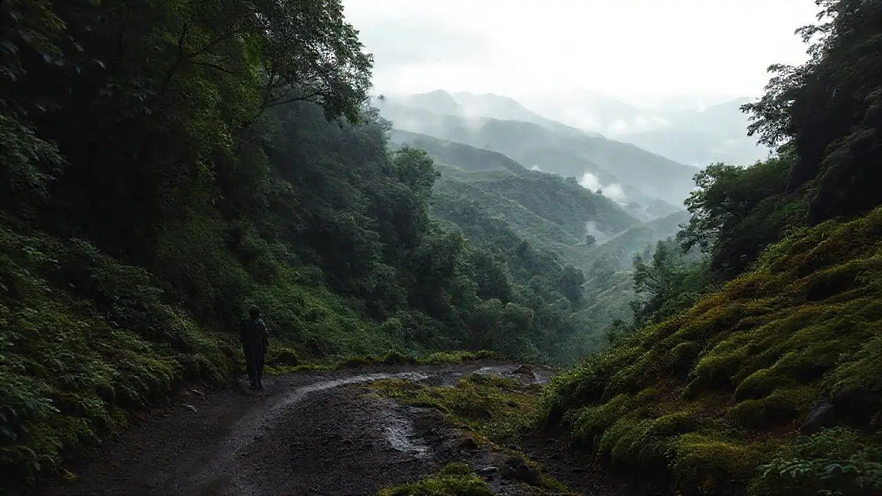 Paisaje natural, brumoso, sombrío y húmedo