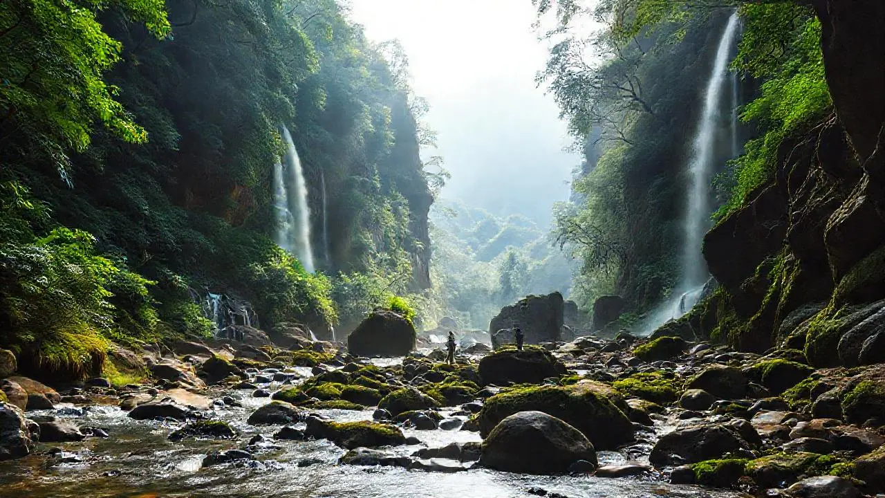 Naturaleza exuberante y figura diminuta