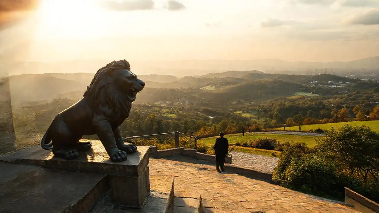 Paisaje sereno con una estatua de león