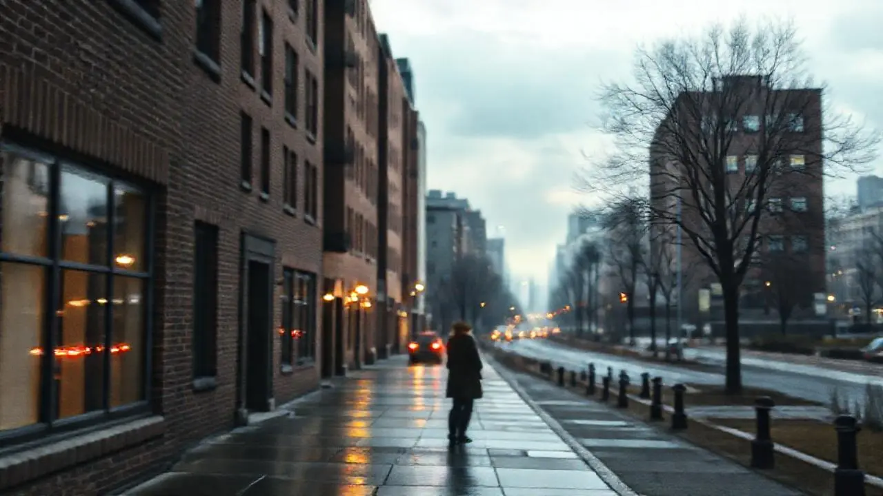 Una ciudad urbana, suavemente iluminada y húmeda