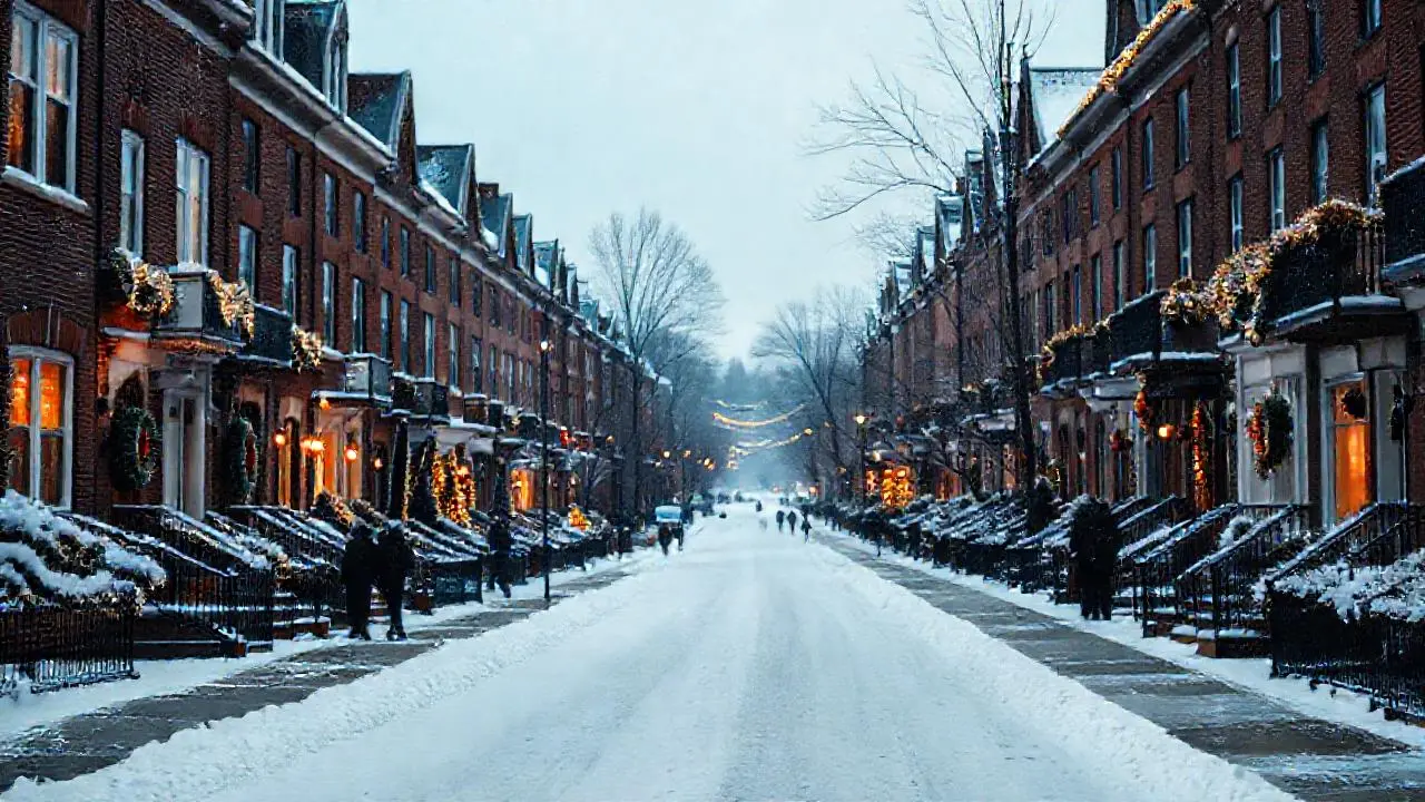 Calle nevada, ambiente invernal y acogedor