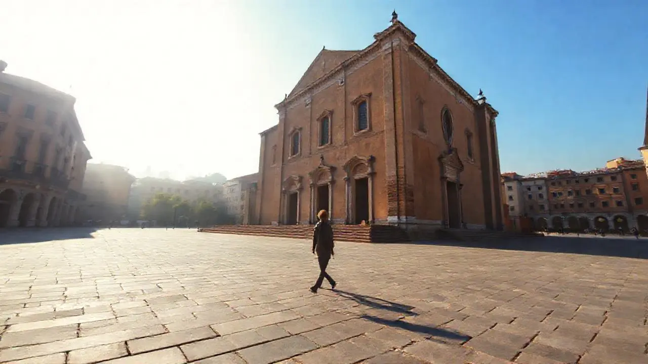 Plaza soleada, catedral, calma y perspectiva