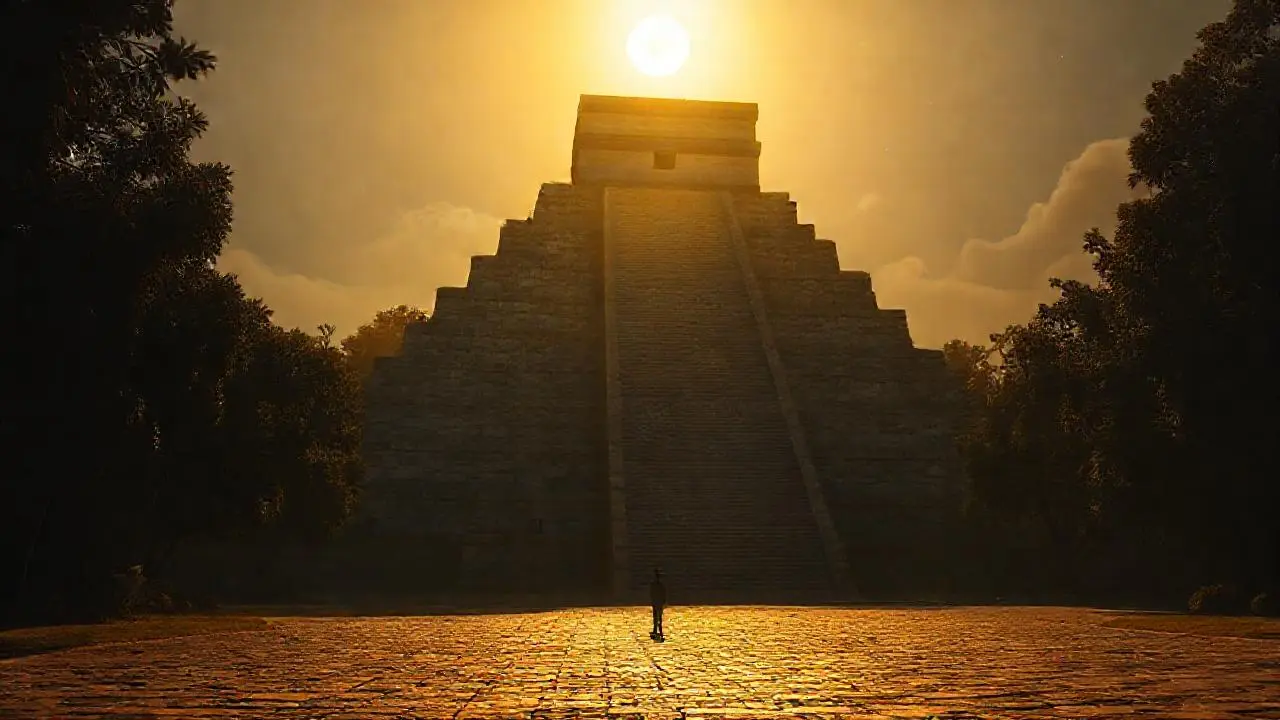 Pirámide maya imponente bajo luz tenue