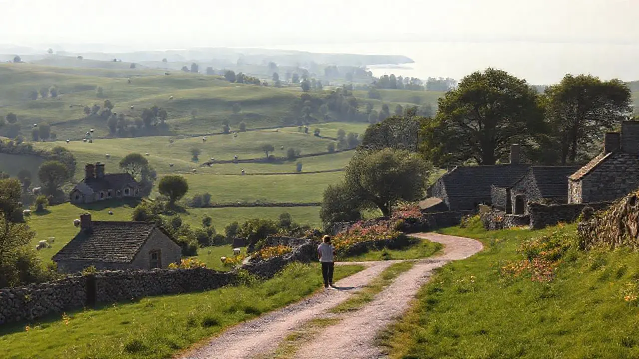 Paz rural, luz suave, paisaje sereno