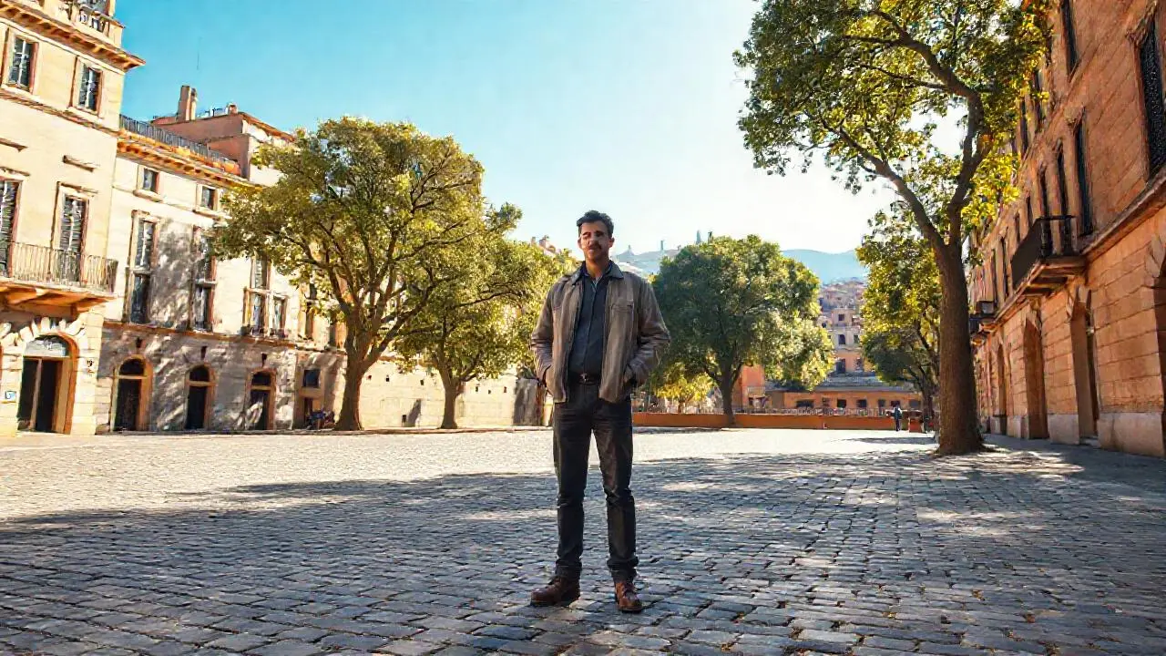 Plaza urbana tranquila, luz cálida y suave