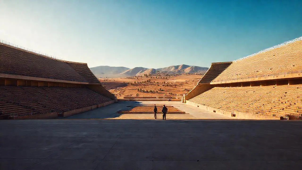 Un estadio vacío bajo cielos amplios