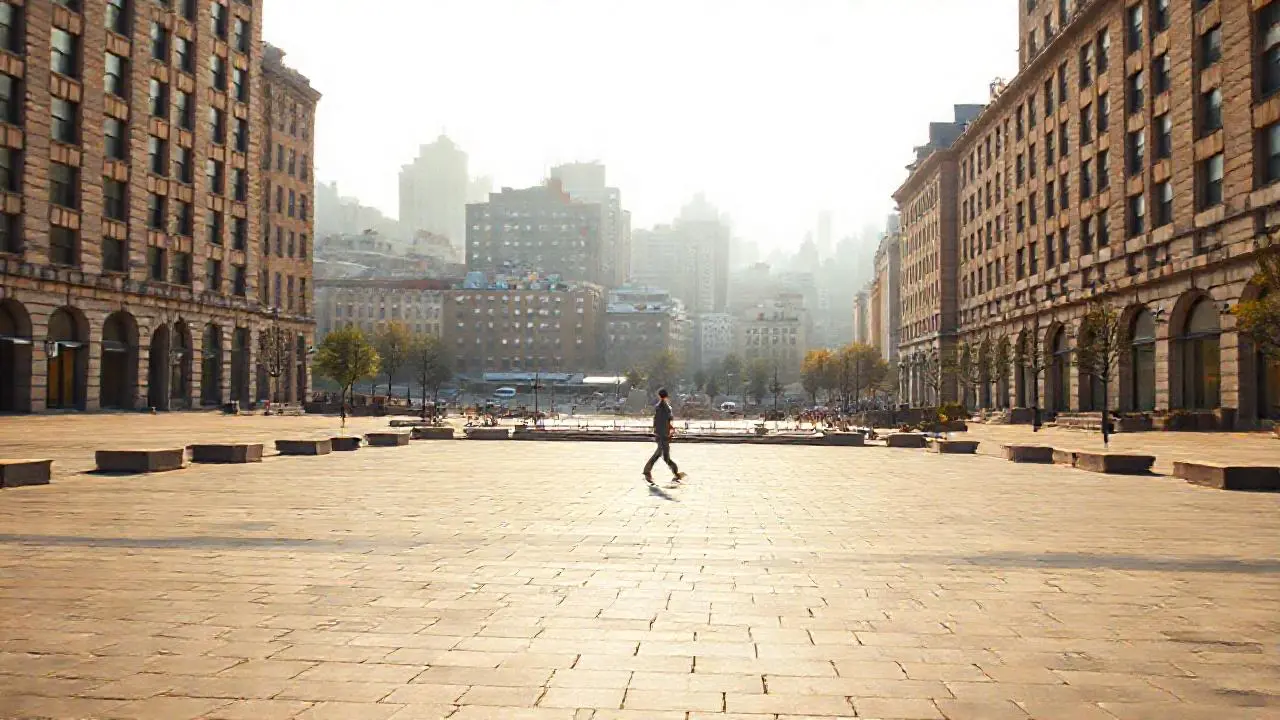 Plaza urbana tranquila bajo luz suave