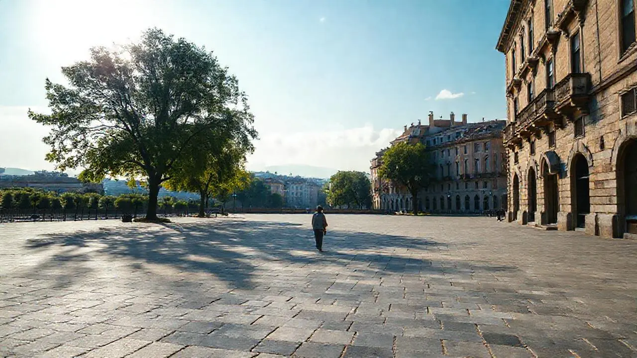 Plaza urbana, luz suave y tranquila