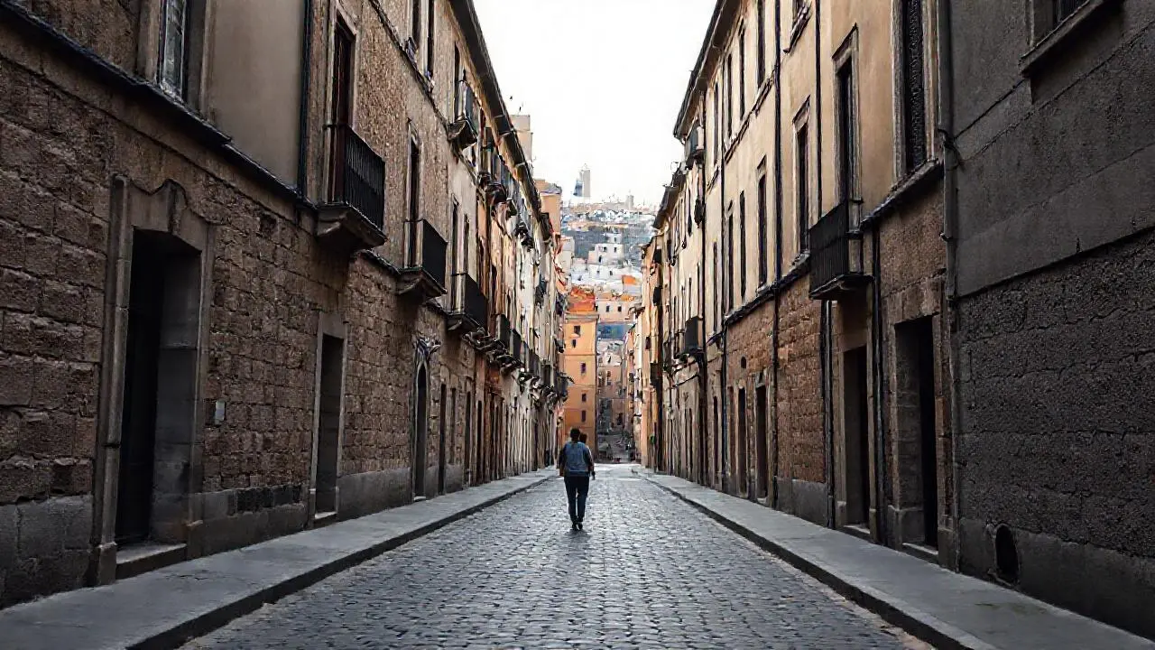 Calle antigua, tranquila, con edificios desgastados