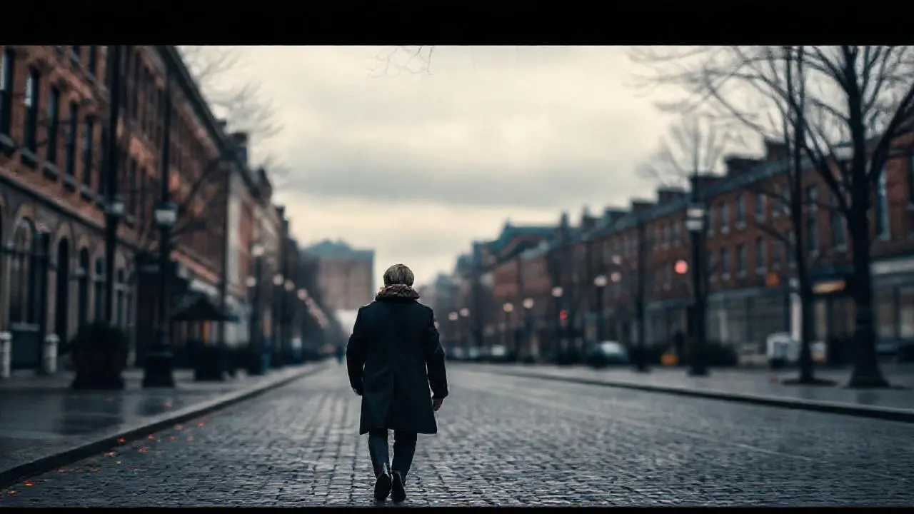 Escena urbana melancólica, persona distante, calma